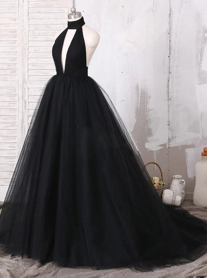 Elegant Black Ball Gown Sexy Backless Sleeveless V-Neck Tulle Long Prom Dresses