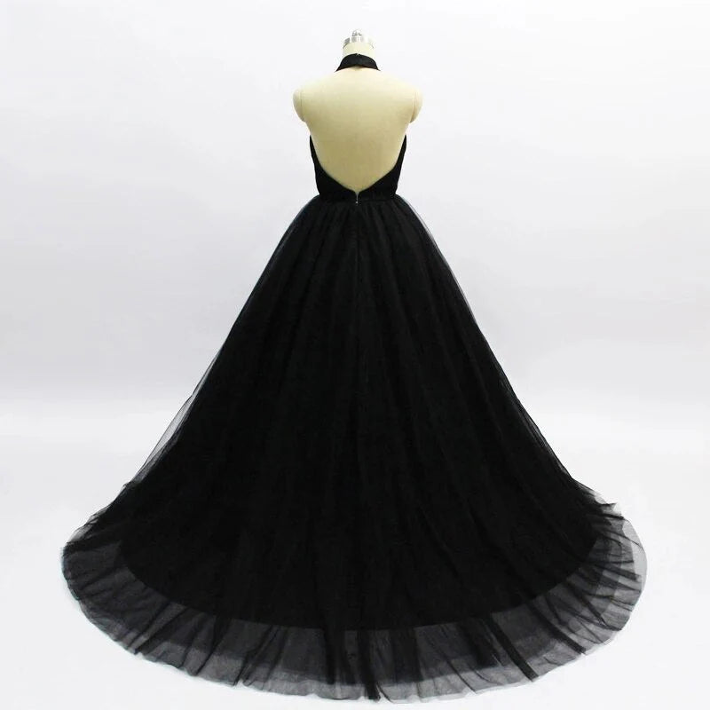 Elegant Black Ball Gown Sexy Backless Sleeveless V-Neck Tulle Long Prom Dresses