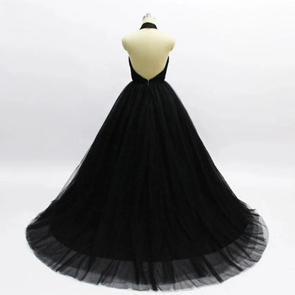 Elegant Black Ball Gown Sexy Backless Sleeveless V-Neck Tulle Long Prom Dresses