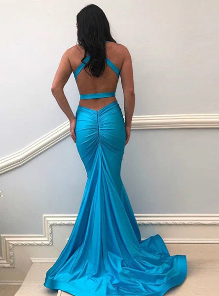 Mermaid Backless Satin Spaghetti Straps Prom Dresses Sexy Formal Gown