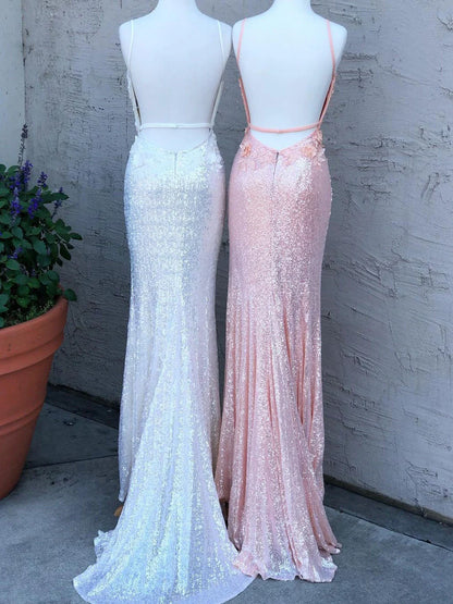 Elegant Foral Applique Prom Dresses Sequin Mermaid Backless Evening Dresses