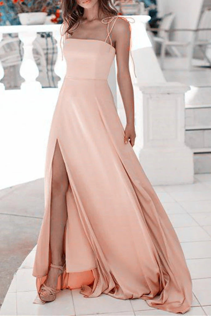 Spaghetti Straps Square Sleeveless A-Line Zipper Floor-Length Long Prom Dresses