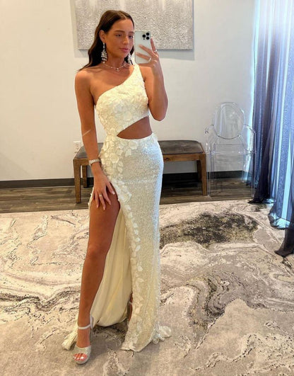 Mermaid Cut Out Oner Shoulder Sequins Split Prom Dress With Appliques