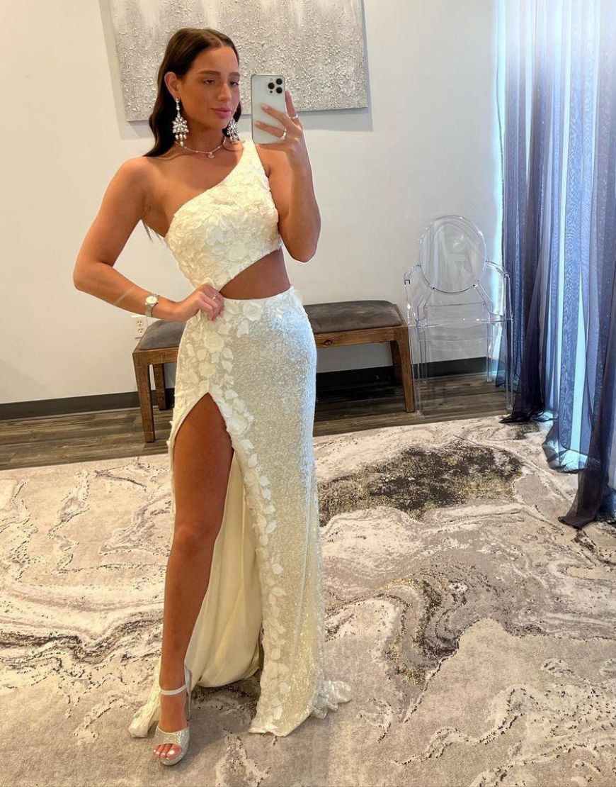 Mermaid Cut Out Oner Shoulder Sequins Split Prom Dress With Appliques