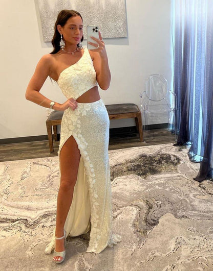 Mermaid Cut Out Oner Shoulder Sequins Split Prom Dress With Appliques