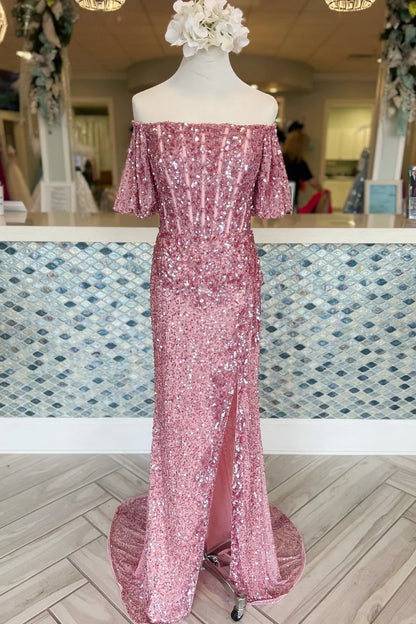 Mermaid Off-the-Shoulder Sleeves Sequins Long Prom Dresses with Slit