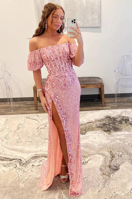 Mermaid Off-the-Shoulder Sleeves Sequins Long Prom Dresses with Slit