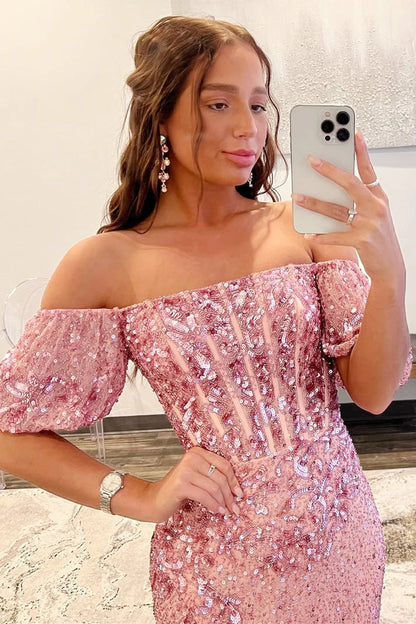 Mermaid Off-the-Shoulder Sleeves Sequins Long Prom Dresses with Slit