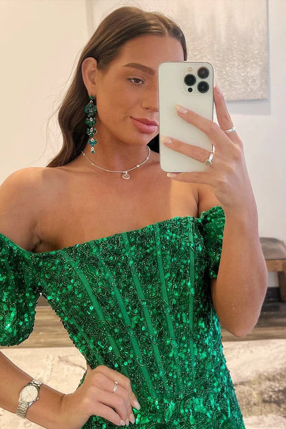 Mermaid Off-the-Shoulder Sleeves Sequins Long Prom Dresses with Slit