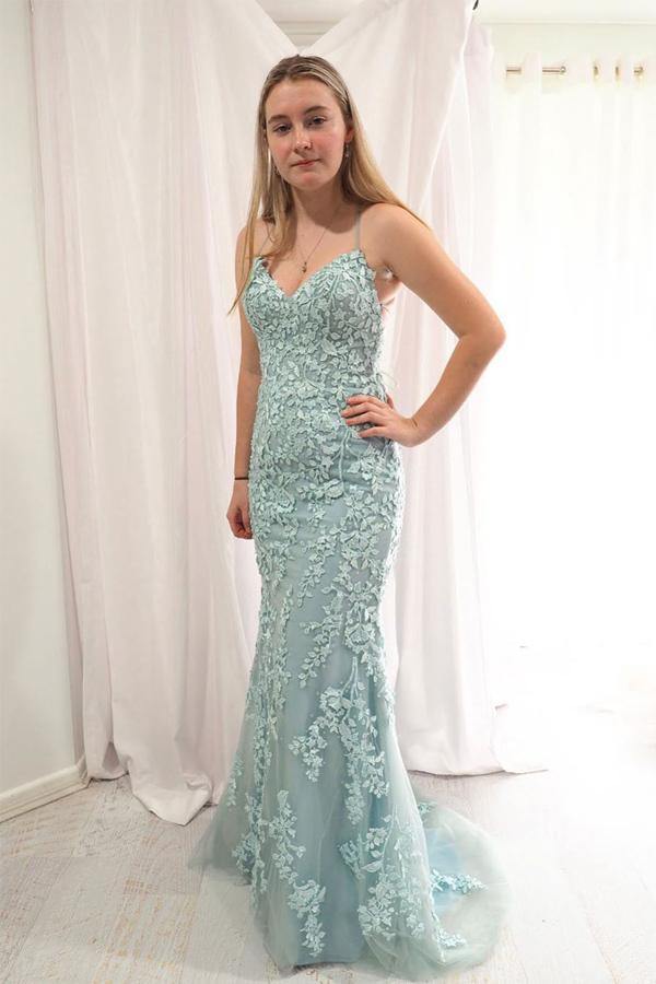 Mermaid Spaghetti Straps Long Lace Prom Dresses