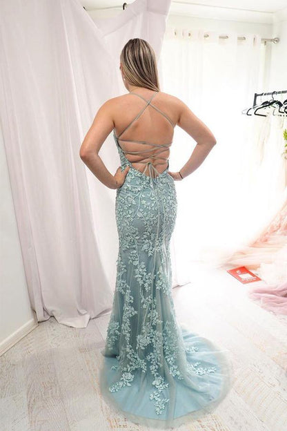 Mermaid Spaghetti Straps Long Lace Prom Dresses