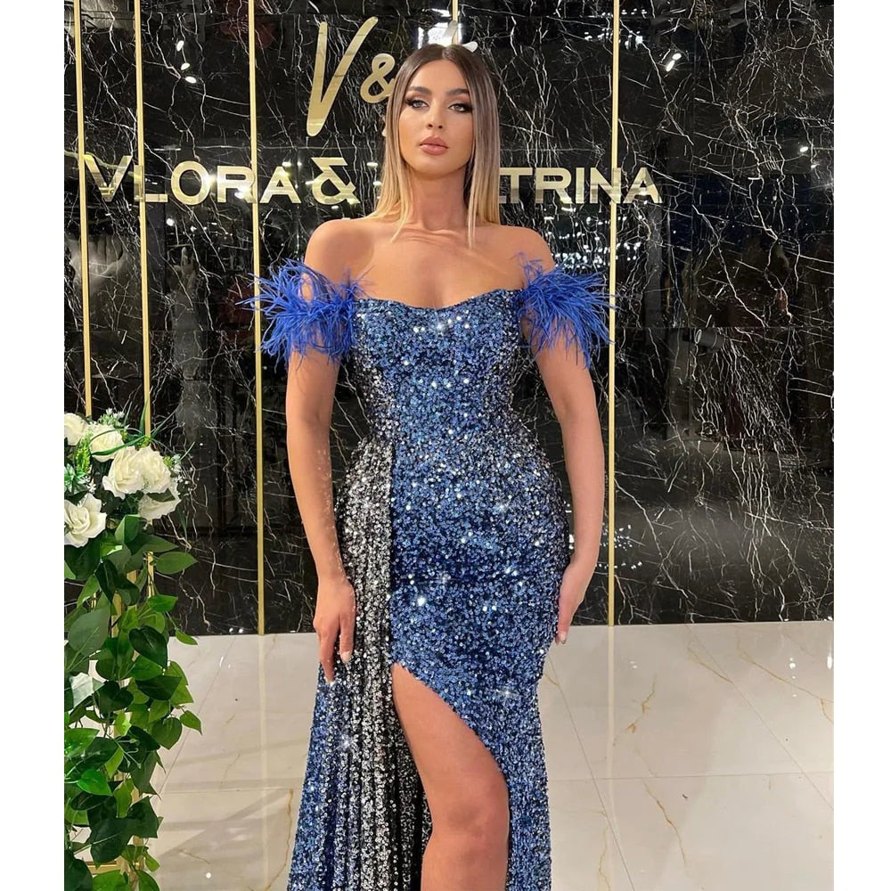 Elegant Off The Shoulder Sequin Mermaid Feather Sweetheart Slit Prom Dresses