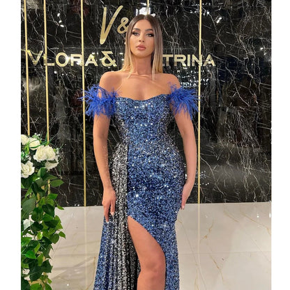 Elegant Off The Shoulder Sequin Mermaid Feather Sweetheart Slit Prom Dresses