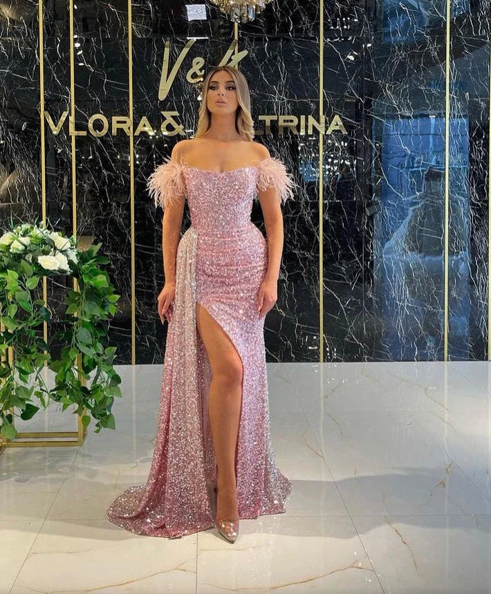 Elegant Off The Shoulder Sequin Mermaid Feather Sweetheart Slit Prom Dresses
