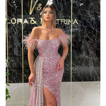 Elegant Off The Shoulder Sequin Mermaid Feather Sweetheart Slit Prom Dresses