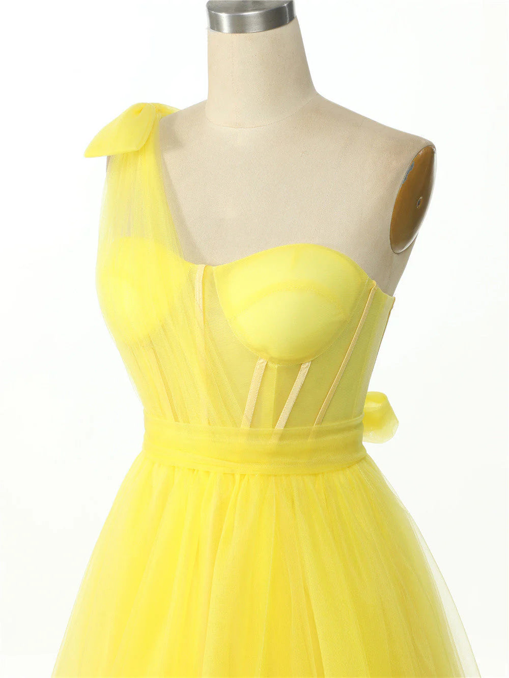 Elegant One Shoulder Sweetheart Long Pleated Tulle Boned High Split Elegant Prom Dress