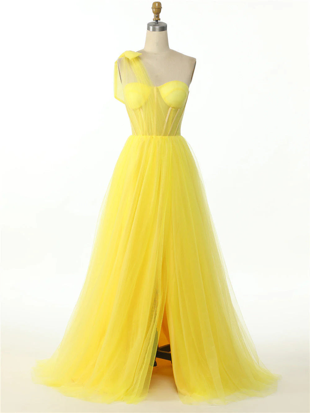 Elegant One Shoulder Sweetheart Long Pleated Tulle Boned High Split Elegant Prom Dress