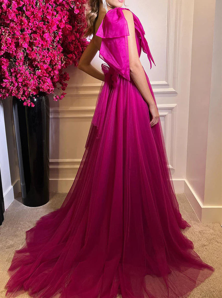 Elegant One Shoulder Sweetheart Long Pleated Tulle Boned High Split Elegant Prom Dress