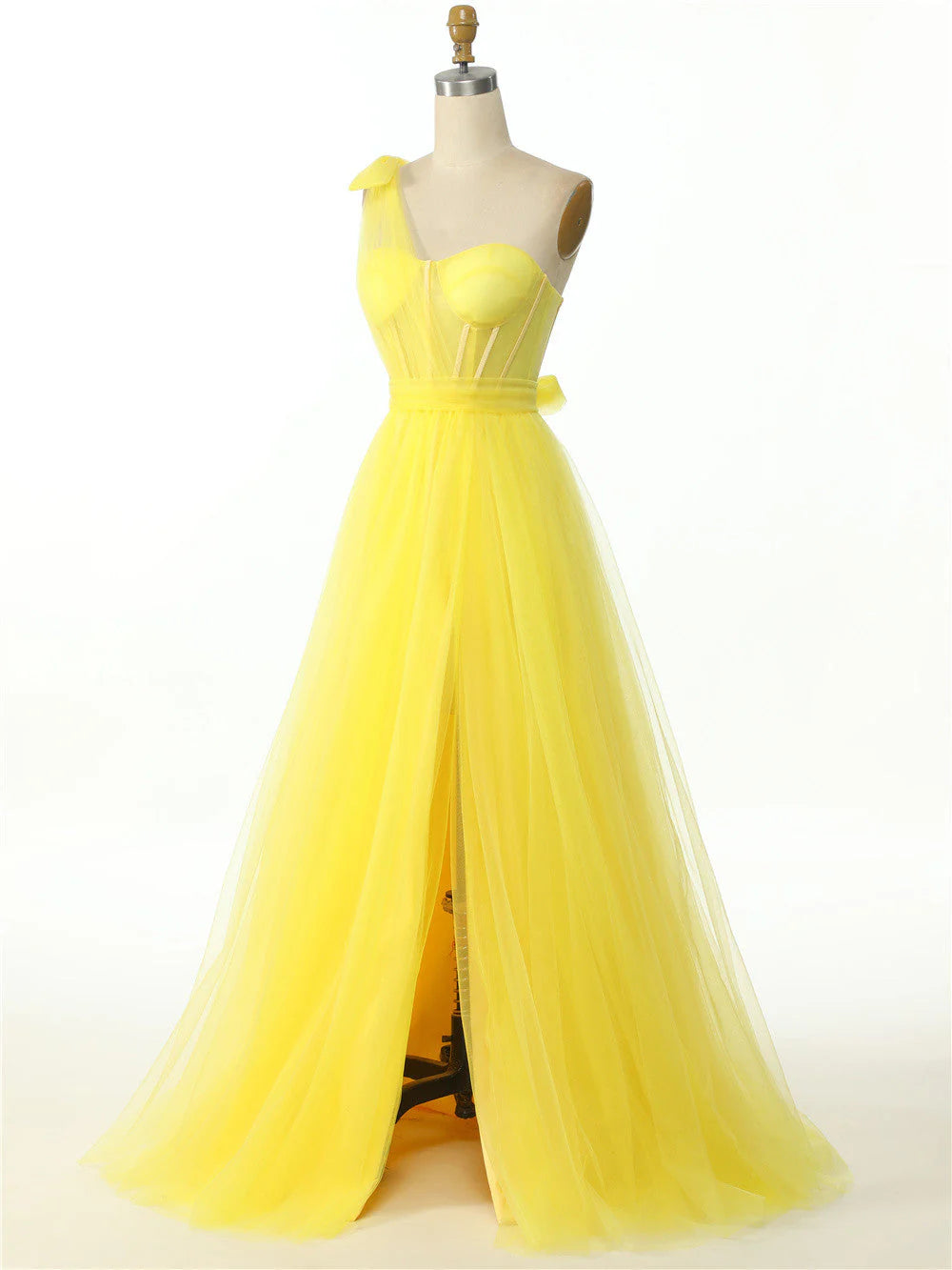 Elegant One Shoulder Sweetheart Long Pleated Tulle Boned High Split Elegant Prom Dress