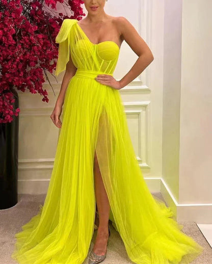 Elegant One Shoulder Sweetheart Long Pleated Tulle Boned High Split Elegant Prom Dress