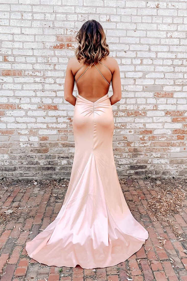 Elegant Spaghetti Straps Halter Pearl Pink Long Mermaid Prom Dresses