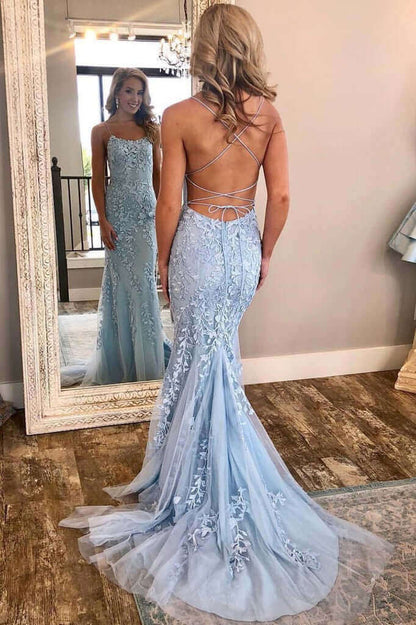 Elegant Spaghetti Straps Sky Blue Mermaid Backless Pageant Prom Dresses