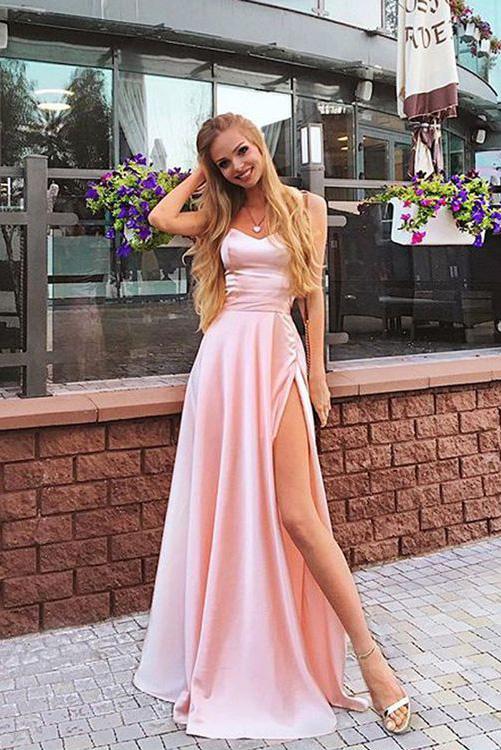 A Line Chiffon Pink Cheap Long Party Prom Dresses With Split