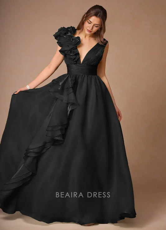 Elegant A-Line Deep V - Neck Ruffle Maxi Dress with Open Back Prom Dress