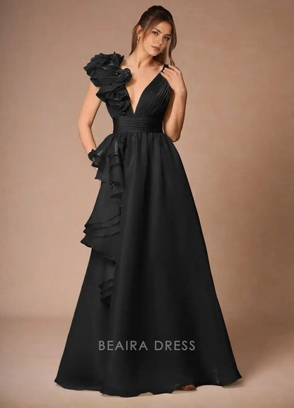 Elegant A-Line Deep V - Neck Ruffle Maxi Dress with Open Back Prom Dress