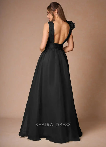 Elegant A-Line Deep V - Neck Ruffle Maxi Dress with Open Back Prom Dress