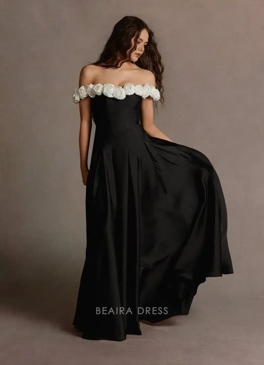 Elegant A-Line Off - Shoulder Floral Appliqué Satin Maxi Dress Prom Dress