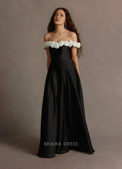 Elegant A-Line Off - Shoulder Floral Appliqué Satin Maxi Dress Prom Dress