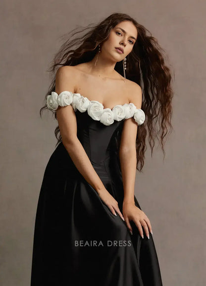 Elegant A-Line Off - Shoulder Floral Appliqué Satin Maxi Dress Prom Dress