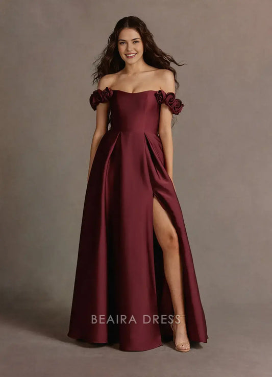 Elegant A-Line Off - Shoulder Floral Detail Maxi Dress with Side Slit Prom Dress