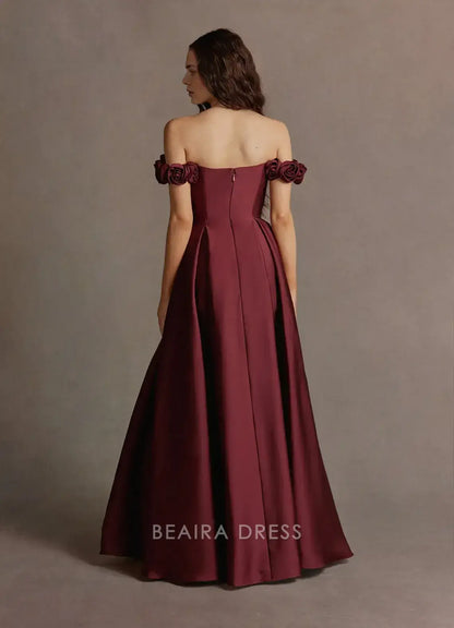 Elegant A-Line Off - Shoulder Floral Detail Maxi Dress with Side Slit Prom Dress