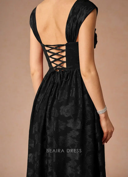 Elegant A-Line Off - Shoulder Floral Jacquard Maxi Dress with Lace - Up Back Prom Dress