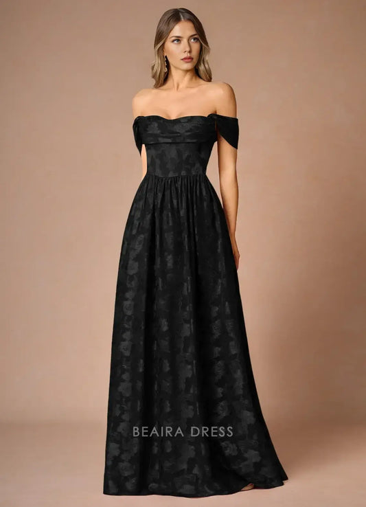Elegant A-Line Off - Shoulder Floral Jacquard Maxi Dress with Lace - Up Back Prom Dress