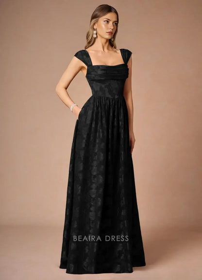 Elegant A-Line Off - Shoulder Floral Jacquard Maxi Dress with Lace - Up Back Prom Dress