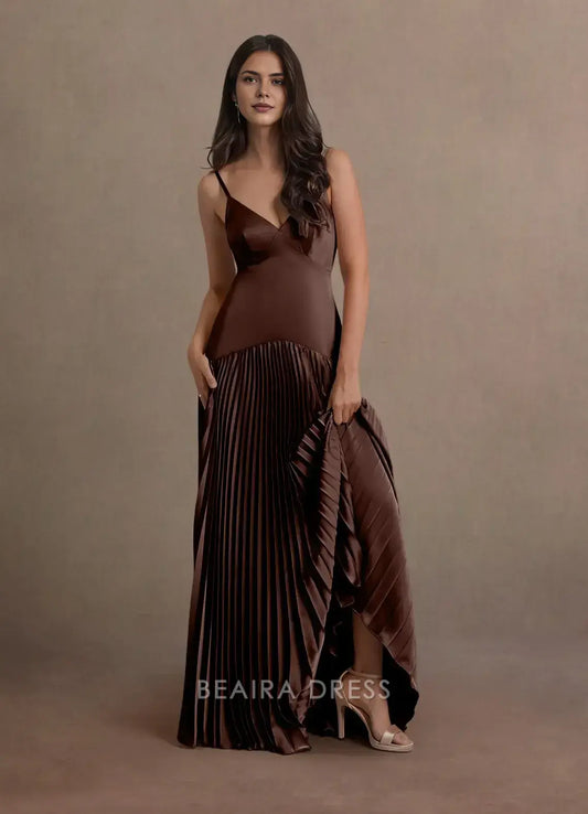 Elegant A-Line Spaghetti Strap Pleated Floor-Length Maxi Dress Prom Dress