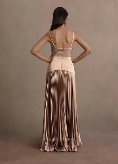 Elegant A-Line Spaghetti Strap Pleated Floor-Length Maxi Dress Prom Dress