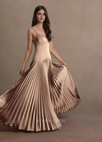 Elegant A-Line Spaghetti Strap Pleated Floor-Length Maxi Dress Prom Dress
