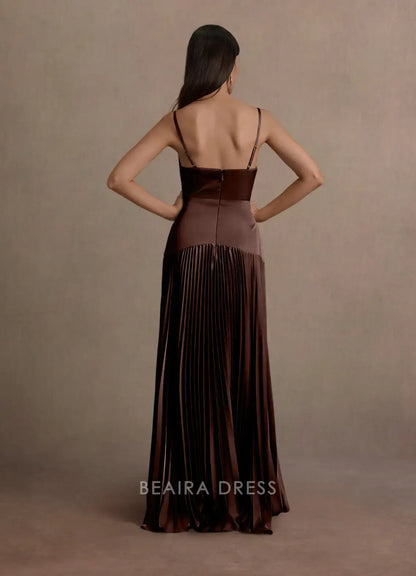 Elegant A-Line Spaghetti Strap Pleated Floor-Length Maxi Dress Prom Dress