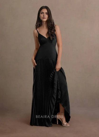 Elegant A-Line Spaghetti Strap Pleated Floor-Length Maxi Dress Prom Dress