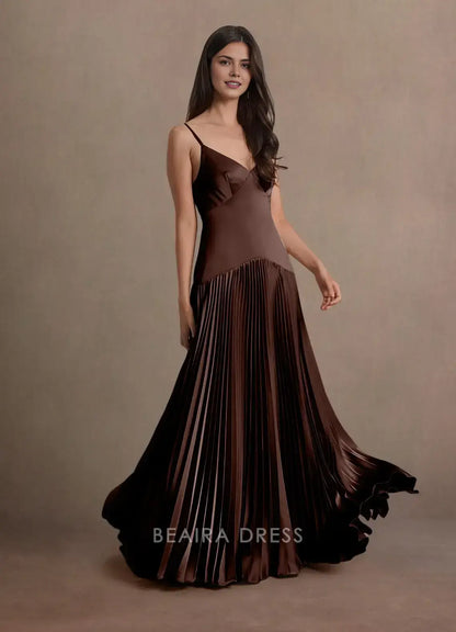 Elegant A-Line Spaghetti Strap Pleated Floor-Length Maxi Dress Prom Dress