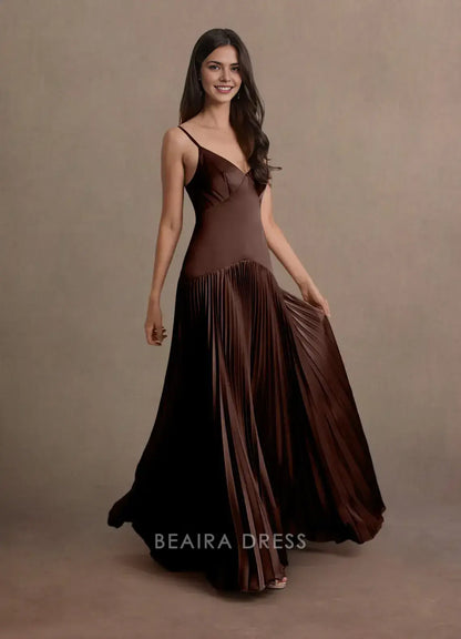 Elegant A-Line Spaghetti Strap Pleated Floor-Length Maxi Dress Prom Dress