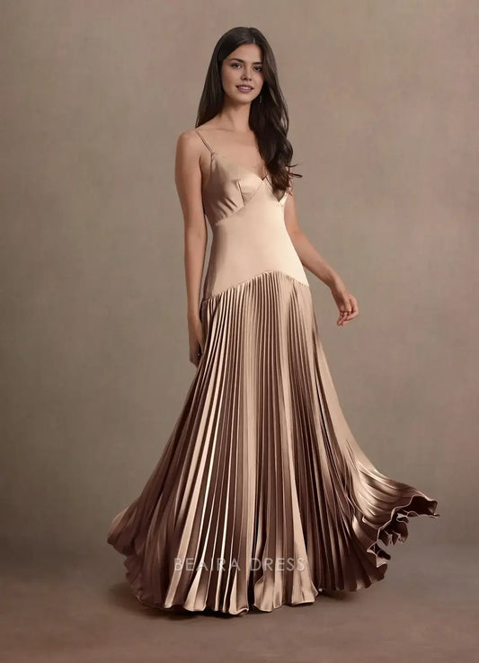 Elegant A-Line Spaghetti Strap Pleated Floor-Length Maxi Dress Prom Dress