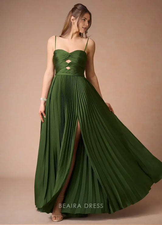 Elegant A-Line Spaghetti Strap Pleated Maxi Dress with Cutout Detail Prom Dress