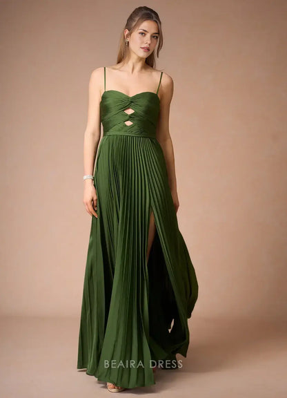 Elegant A-Line Spaghetti Strap Pleated Maxi Dress with Cutout Detail Prom Dress