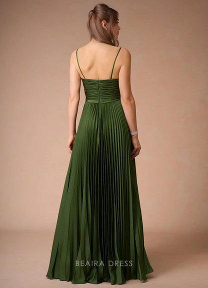 Elegant A-Line Spaghetti Strap Pleated Maxi Dress with Cutout Detail Prom Dress