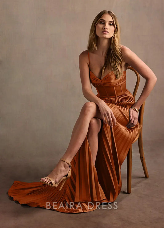 Elegant A-Line Spaghetti Strap Pleated Maxi Dress with Side Slit Prom Dress